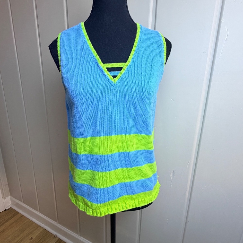 Jeanne Pierre Blue Lime Green Striped Cotton Knit V-Neck Sweater Vest Medium